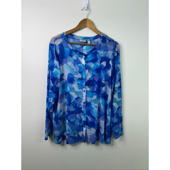 LOGO by Lori Goldstein Women’s Top 1X Blue Sheer Button Front Blouse Long Sleeve - Picture 1 of 12